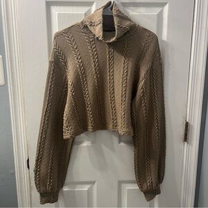 Cable Knit Cowl Neck Crop Sweater Beige Size Medium